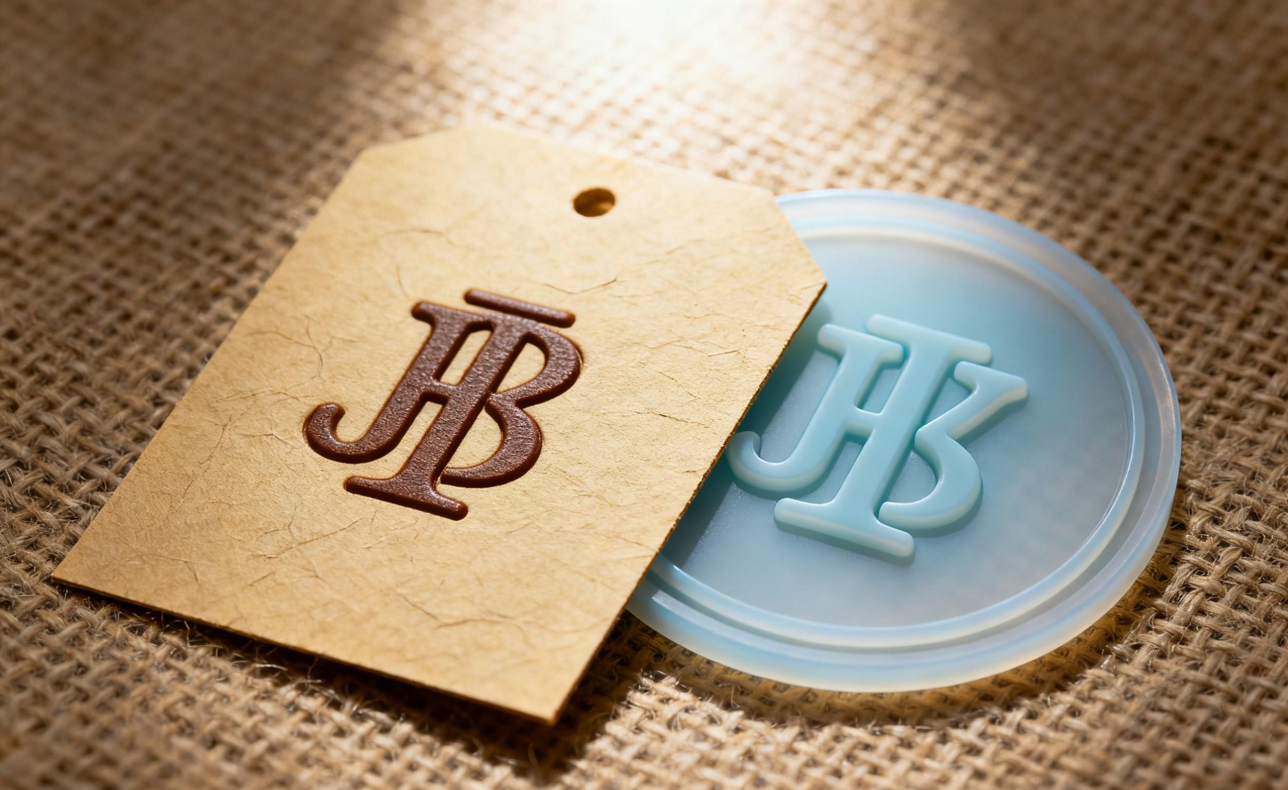  Close-up of metal and silicone garment labels with embossed logos